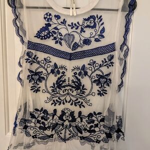Blue and White Embroidered Sheer Top